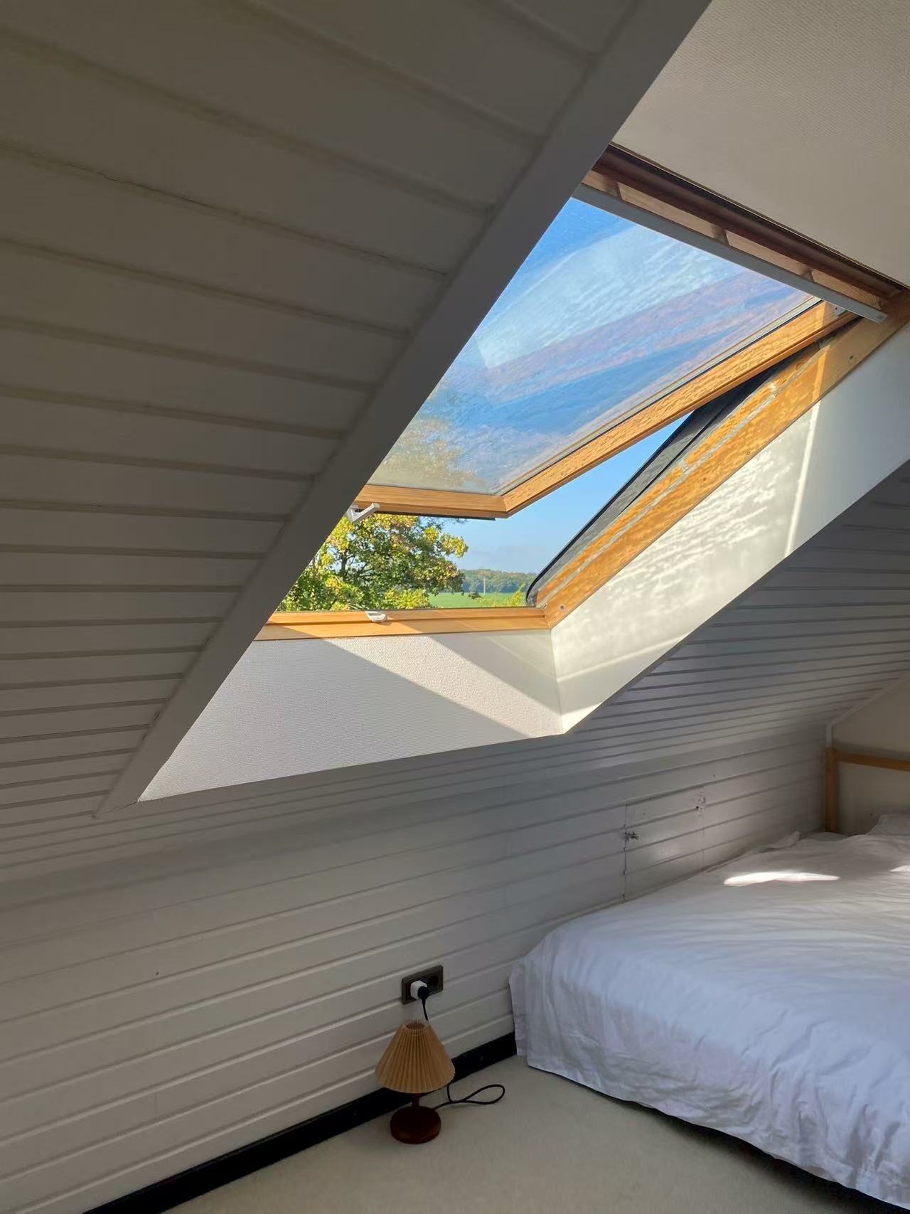A student room in a Luxembourg host family home, with a skylight view over fields
